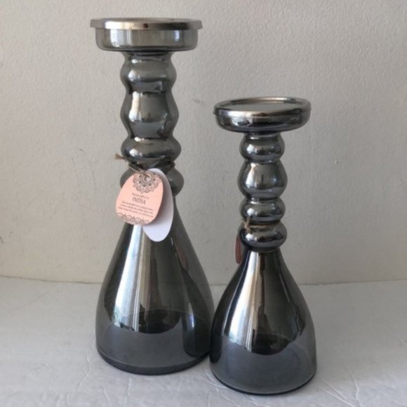 UMA Set Of 2 Glass Candle Holders Grey Made in India